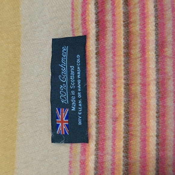 Pink Orange Striped 100%  Cashmere Scotland Scarf Fringe - Picture 2 of 13